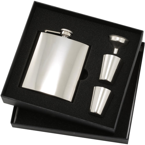 Stainless Steel Flask Premium Gift Set 6 oz in a gift set with pourer.