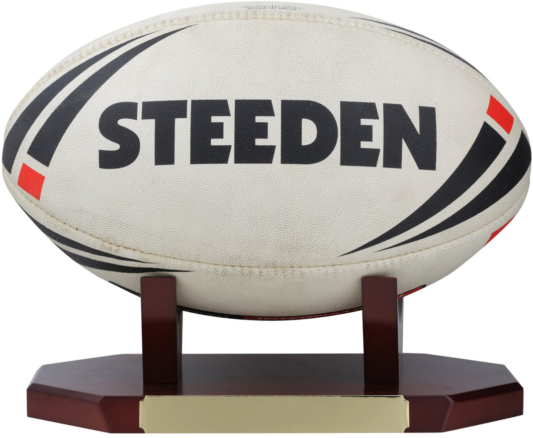 Rugby League / Union - Footy Ball Holder  Ball Mount or Holder in prestige finished walnut timber is ideal for presenting and storing that precious game ball. AFL